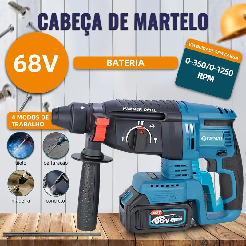 Kit de ferramentas 4 em 1 Furadeira, Chave de fenda/Chave de impacto/Amolador/Martelo 2 baterias de 68 V Caixa