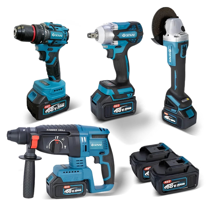 Kit de ferramentas 4 em 1 Furadeira, Chave de fenda/Chave de impacto/Amolador/Martelo 2 baterias de 68 V Caixa